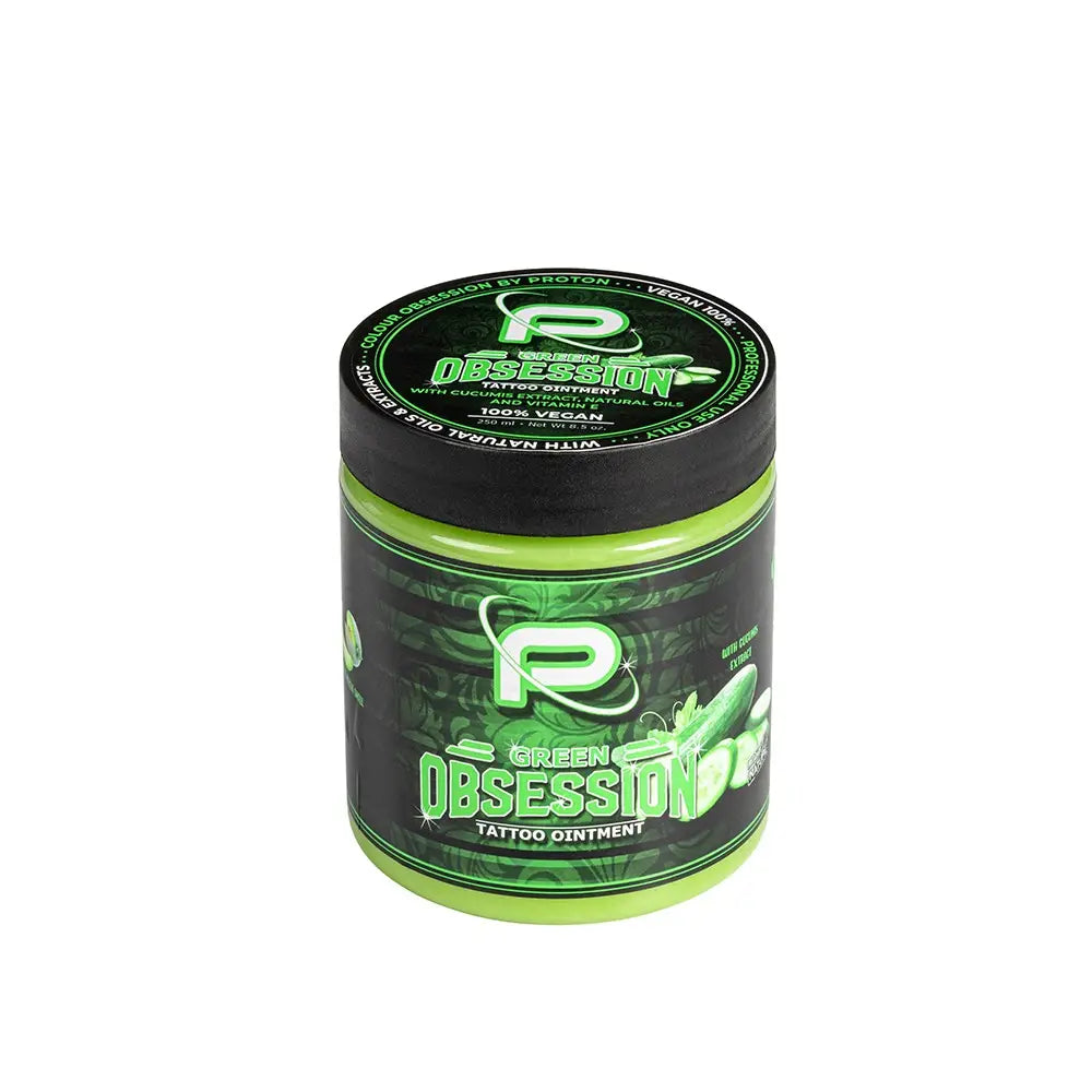 Proton colours obsession tattoo butter green ointment in vibrant lime green and black jar 250ml made by nature
