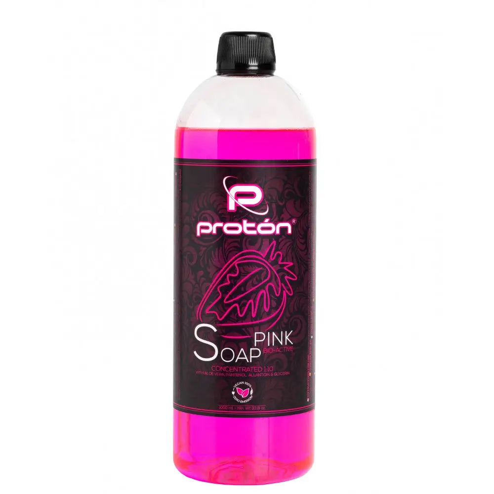 A vibrant pink concentrated liquid soap in a clear plastic bottle with black cap and proton brand label 1000ml