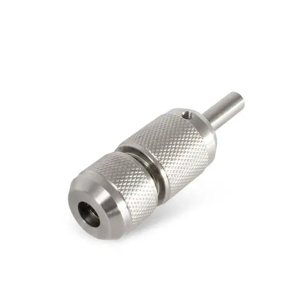 Silver metallic quick lock grip bicycle valve core tool with textured grip and threaded ends made of 316 l stainless steel
