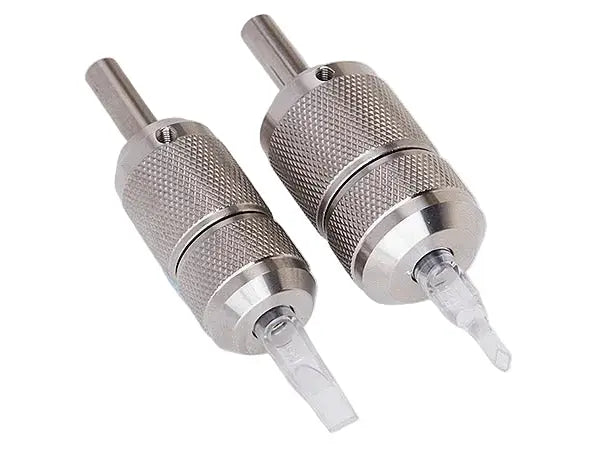Silver metallic quick lock grip tattoo machine grip with textured knurled 316 l stainless steel and clear needle tips