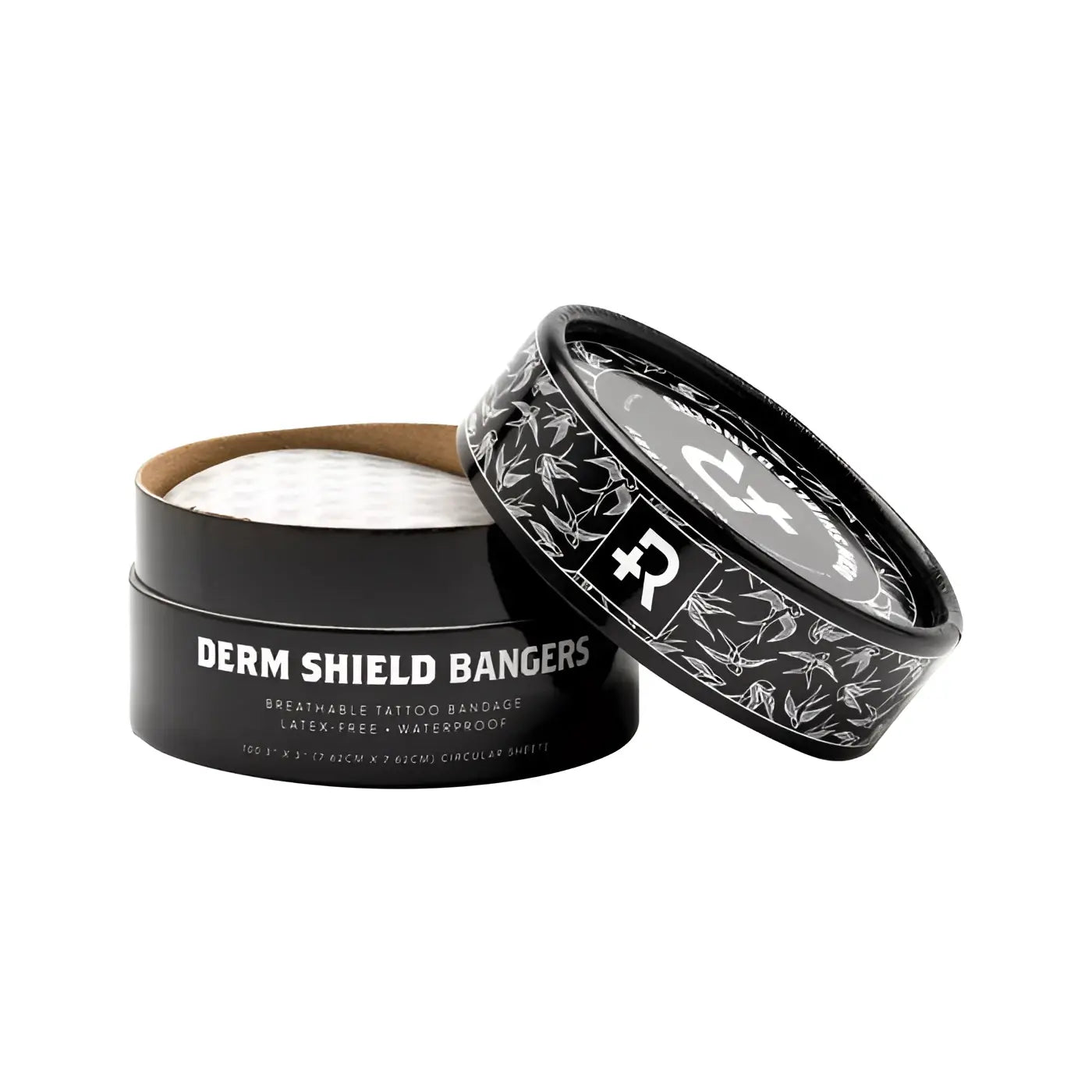 Schwarzer zylindrischer Behälter mit weißem botanischem Muster und silbernem Logo, enthält 100 Derm Shield Bangers Tattoo-Verband