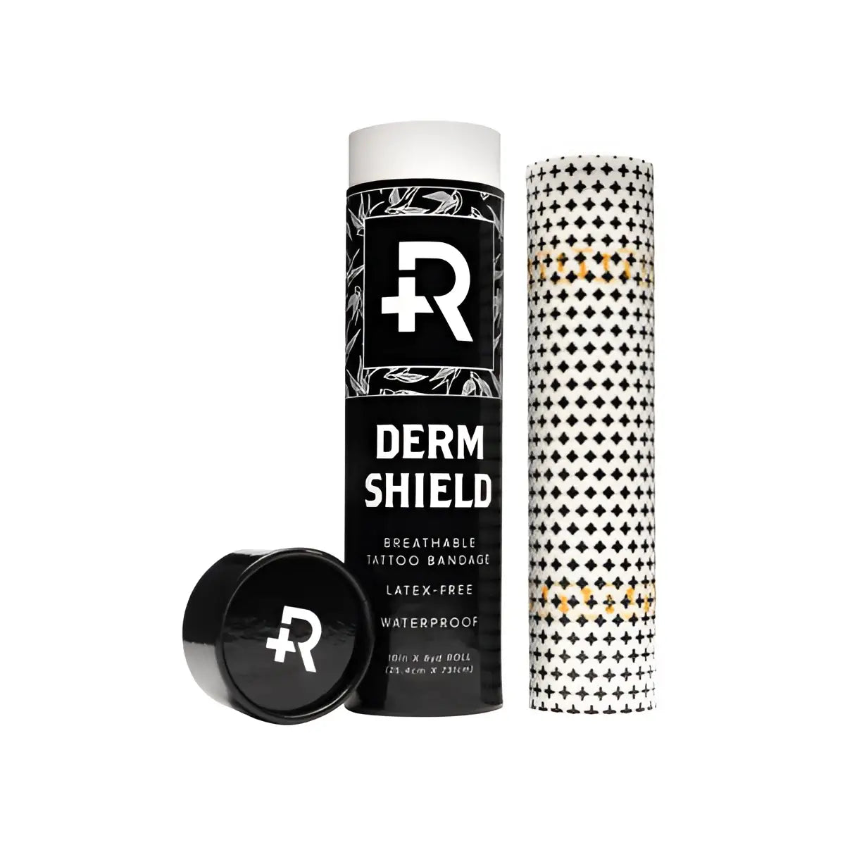 Schwarzer zylindrischer Behälter mit weißem Logo, der eine atmungsaktive, transparente Derm-Shield-Tattoo-Verbandrolle für recovery enthält