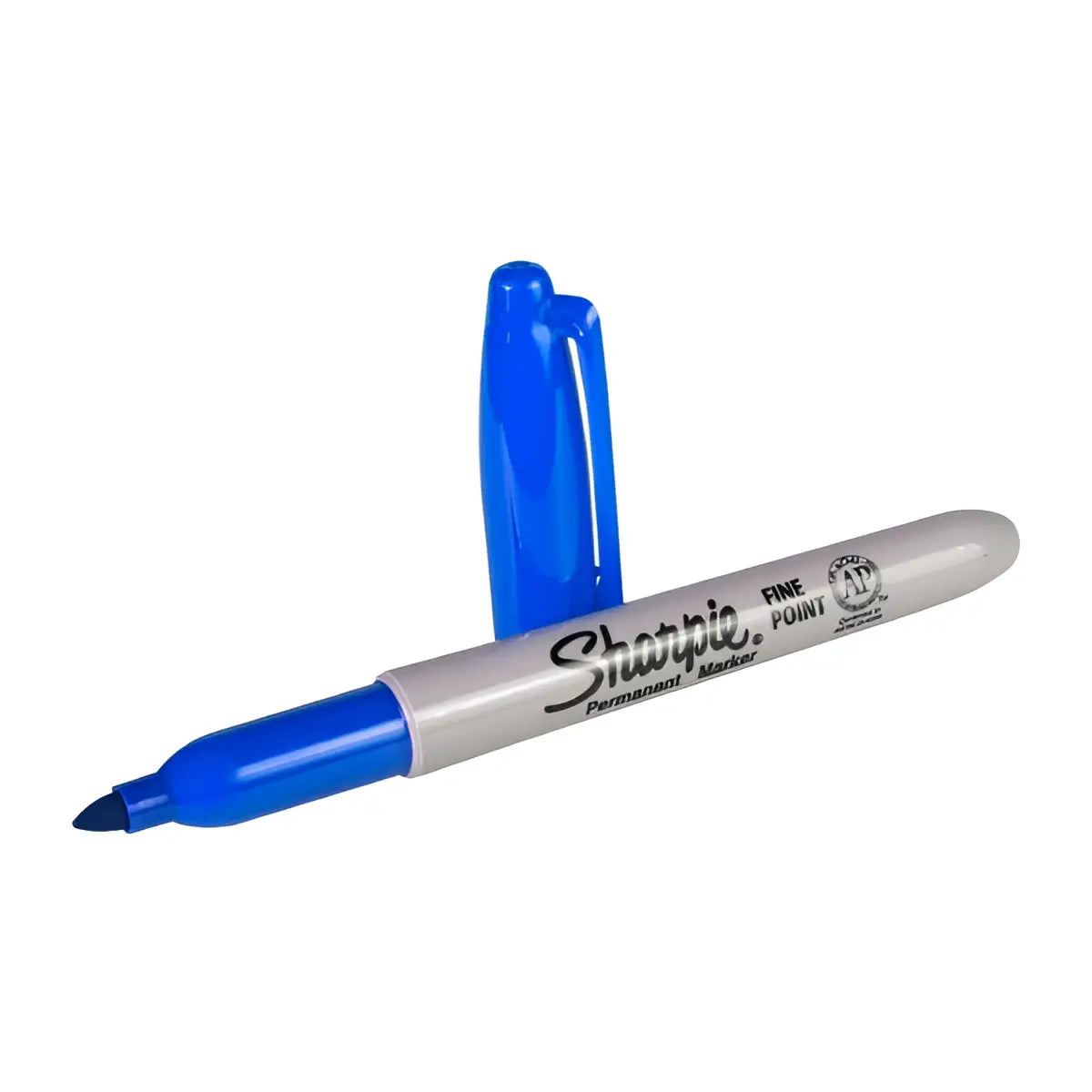 Blue sharpie fine point permanent marker with a 1mm tip and silver barrel and cap for precise writing and drawing