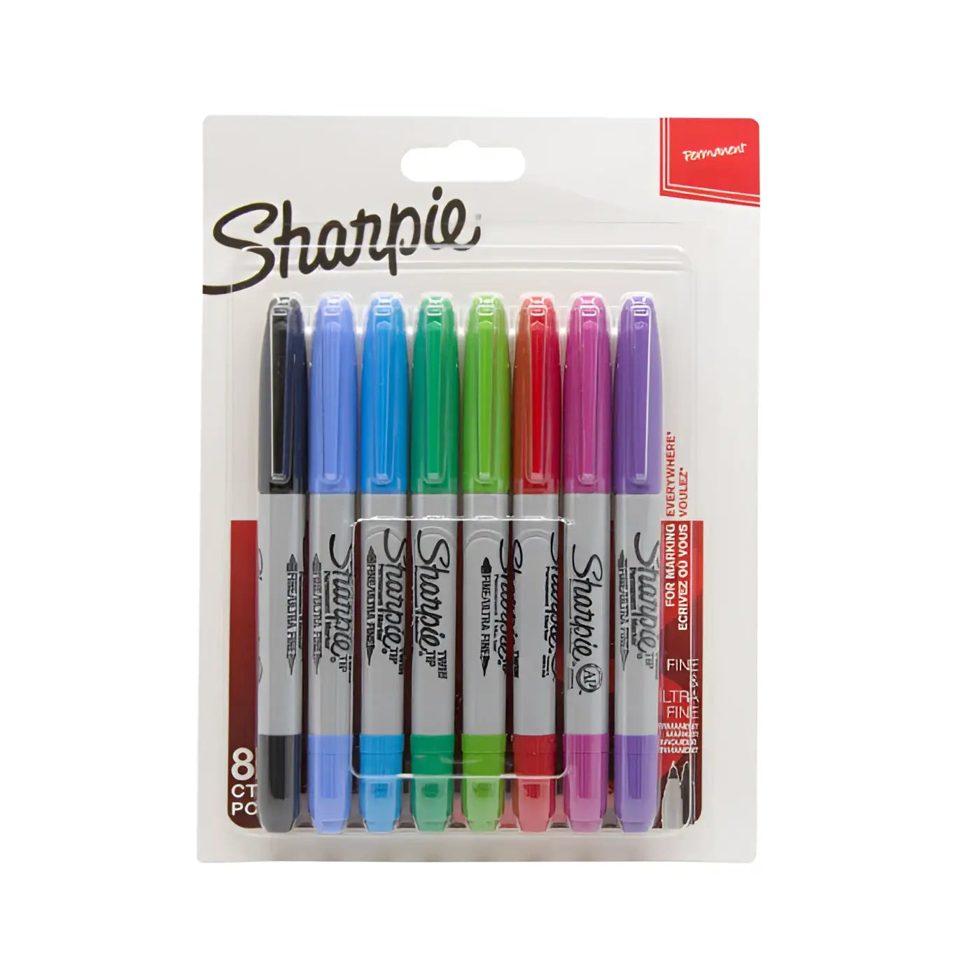 Eight-pack of sharpie twintip fine and ultra fine point permanent markers with vibrant caps and gray barrels