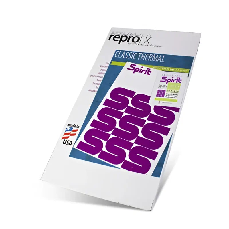 Weiße Verpackung von reprofx classic Thermopapier mit violettem sss-Branding und spirit-Etikett für Thermokopierer