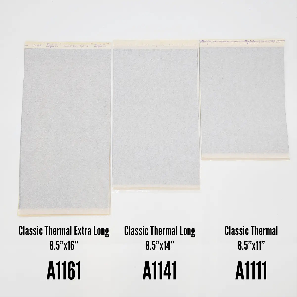 Three klassische Thermokopierer-Hektografpapierbögen in Weiß, beschriftet mit extra lang 8.5x16, lang 8.5x14 und 8.5x11 inches