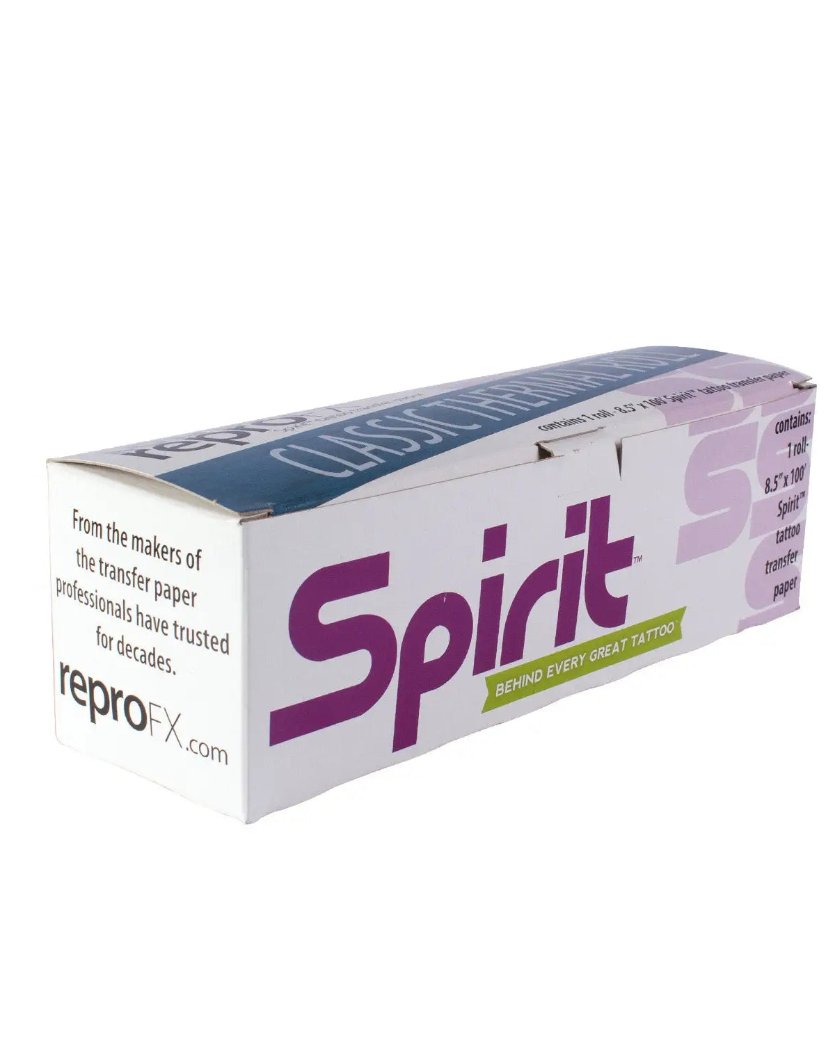 White cardboard box of spirit classic thermal roll tattoo transfer paper 8.5x10 inches with purple branding and green accent