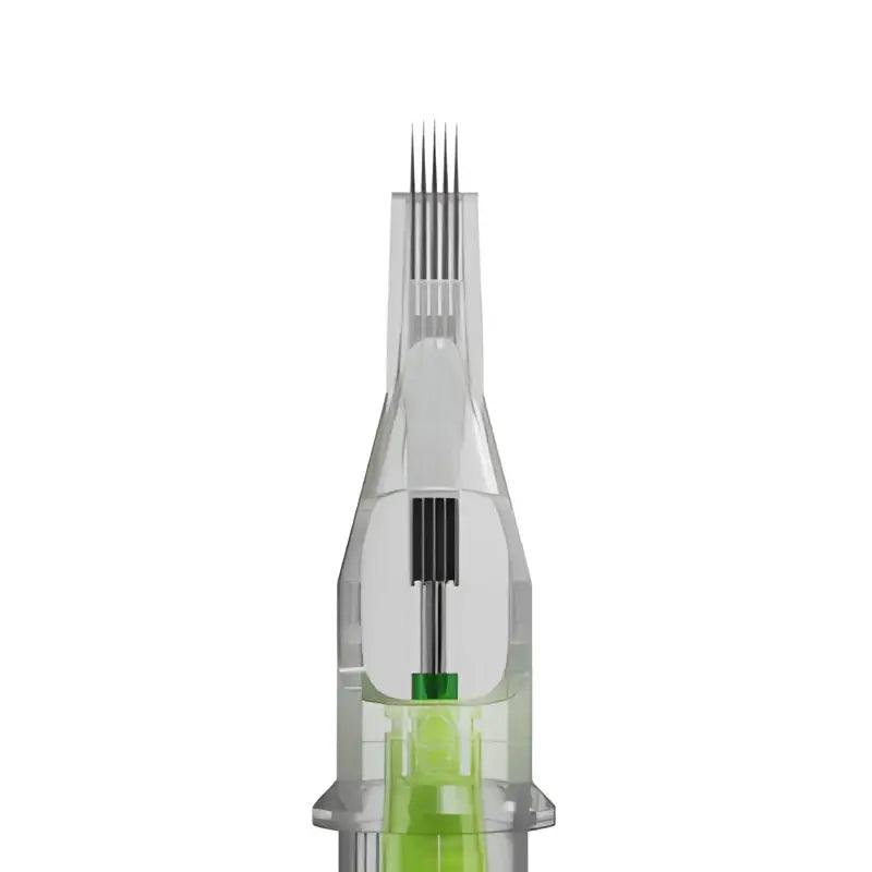 Clear plastic stellar 2.0 curved magnum tattoo cartridge with green internal component and fine metal needle tips