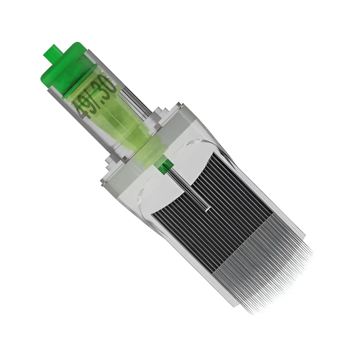 Clear plastic syringe with green cap and transparent liquid for stellar 2.0 cartridges xxl curved magnum use