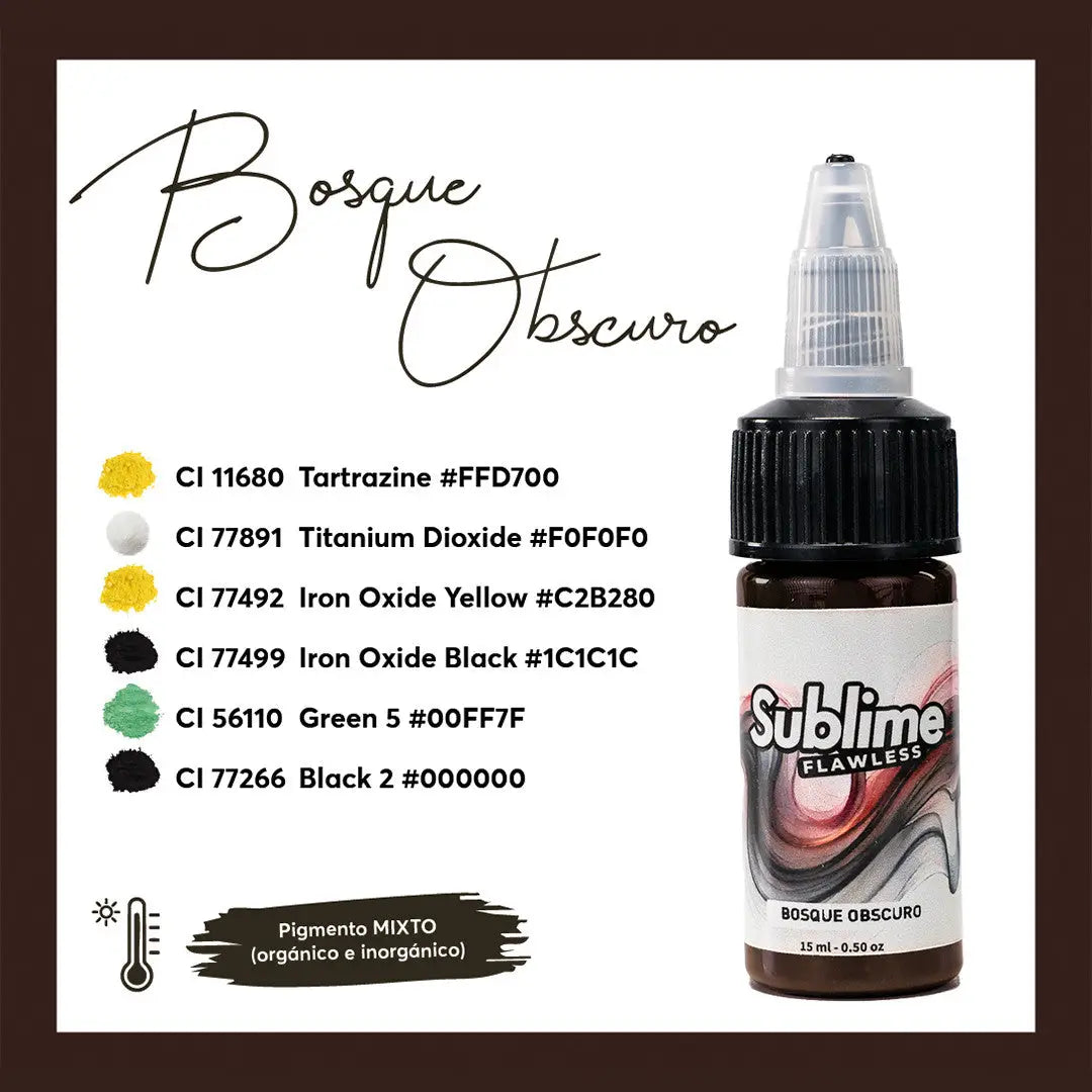 Sublime Flawless Bosque Oscuro pmu Pigment Farben in einer 15 ml Flasche mit schwarzem Deckel und abstraktem Wirbel-Labeldesign