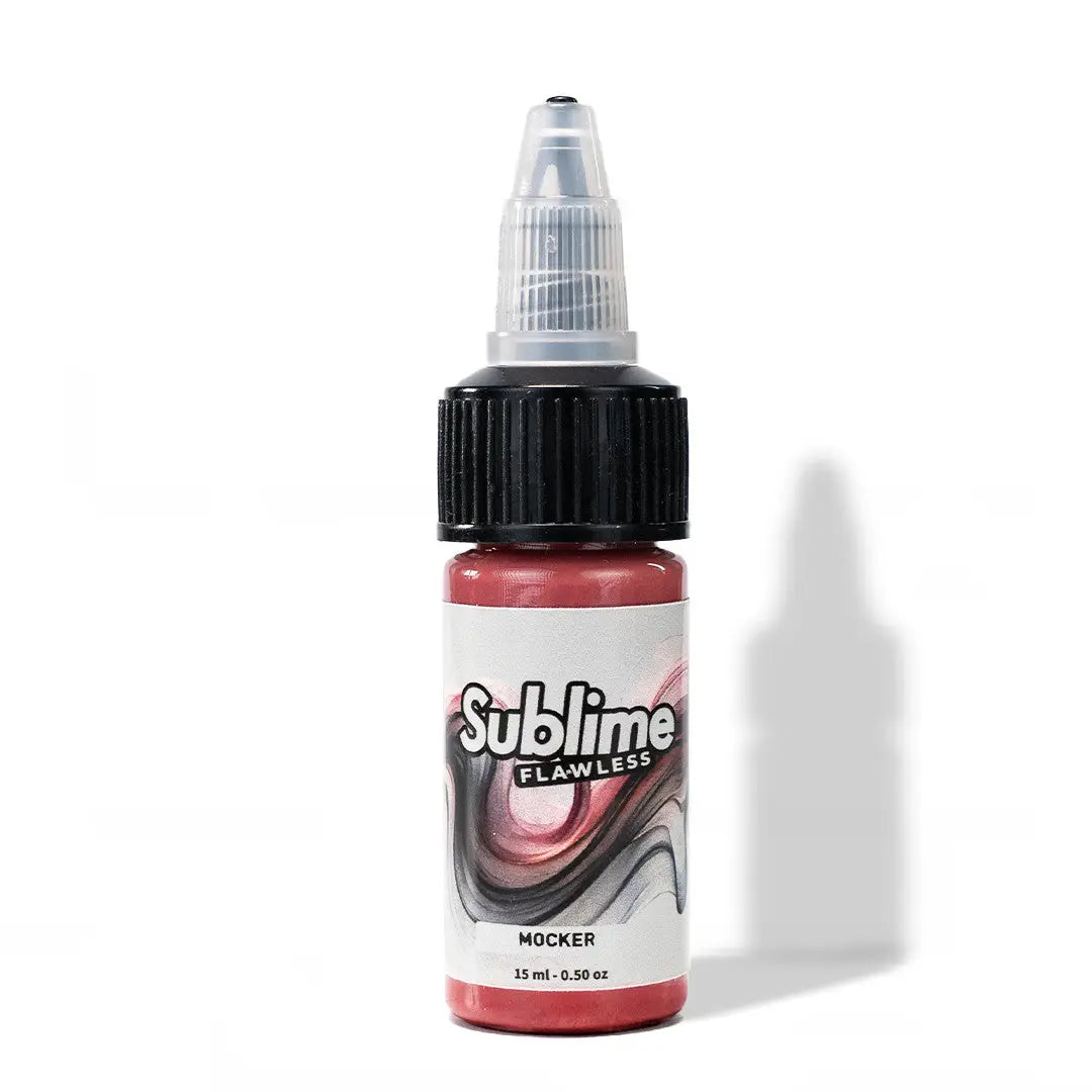 Eine 15ml-Flasche sublime flawless mocker Tattoo-Farben in leuchtendem Korallenrosa mit schwarzer geriffelter Kappe und klarem Dropper-tip