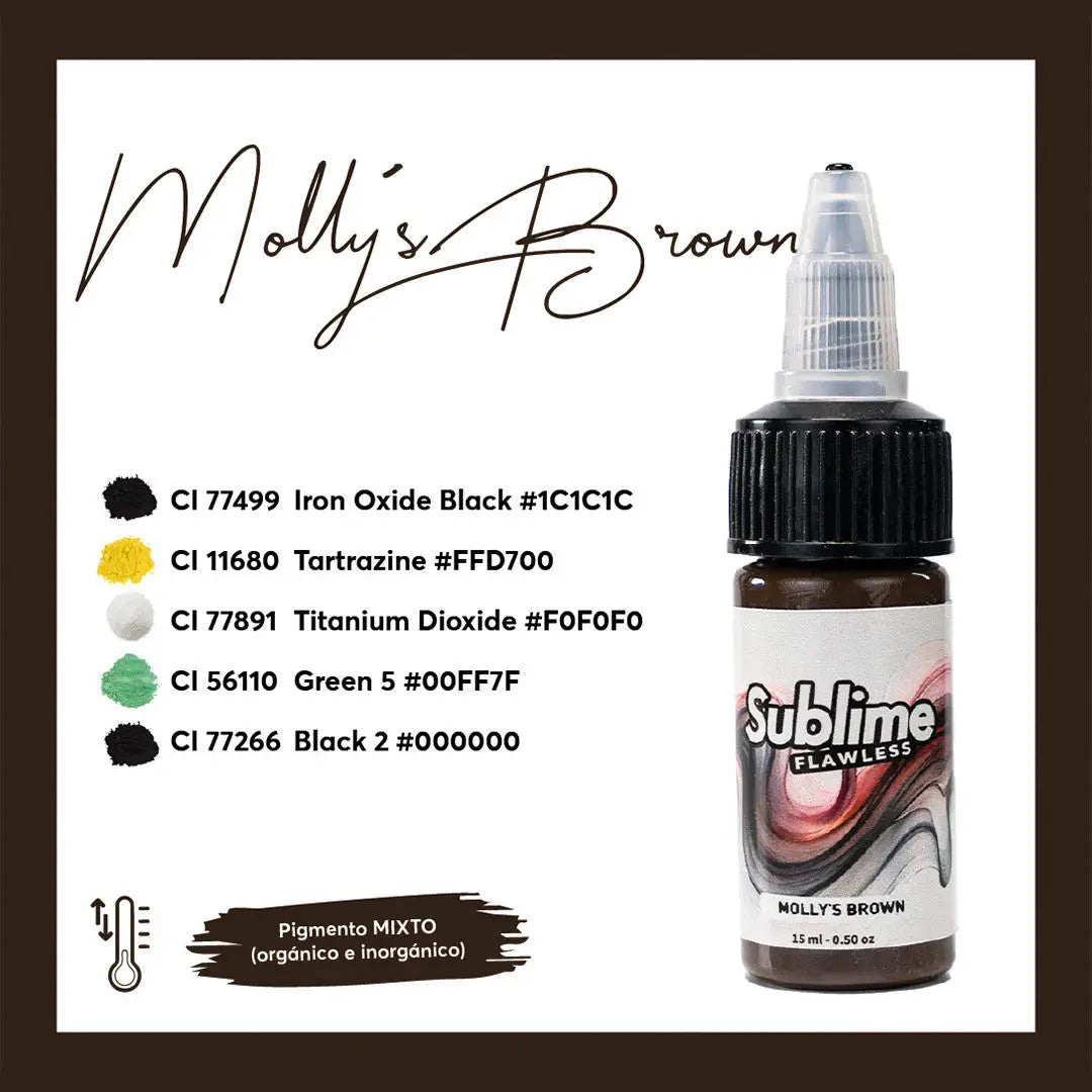 Sublime pmu Pigment Mollys Brown, makellose braune Tattoo-Farben in einer 15ml-Flasche mit schwarzem Deckel und klarem Tropfer