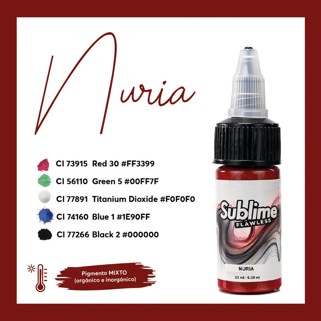Sublime flawless nuria pmu Pigment-Tattoo-Farben in einer 15 ml Flasche mit schwarzem Verschluss und rotem Tropfer