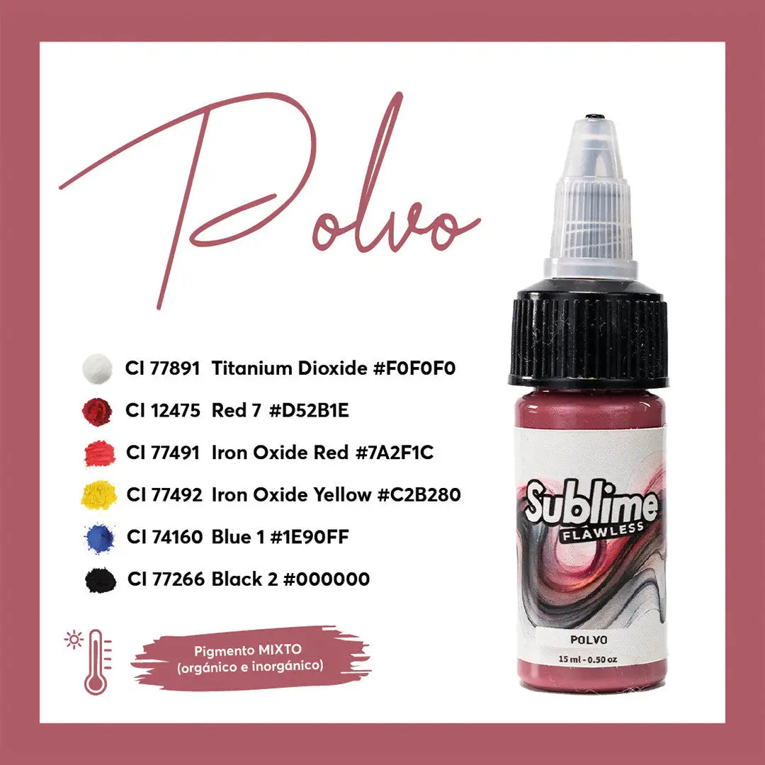 Eine 15-ml-Flasche sublime flawless polvo tattoo Farben in leuchtendem Pink-Rot mit schwarzem Deckel und transparenter Pipette für pmu-Pigment