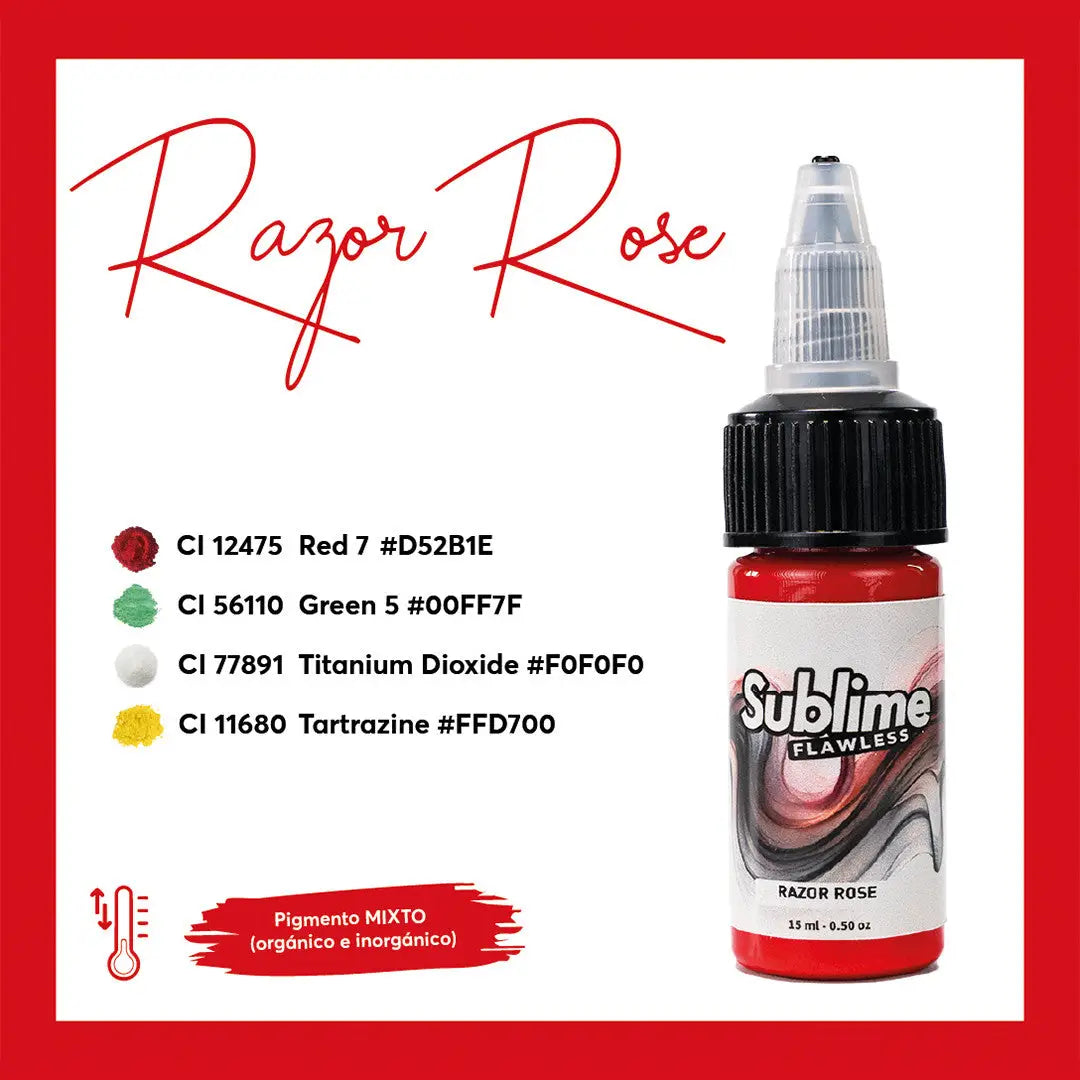 Rote sublime pmu Farben-Flasche mit schwarzem Deckel und transparentem Tropfer, beschriftet mit sublime flawless razor rose