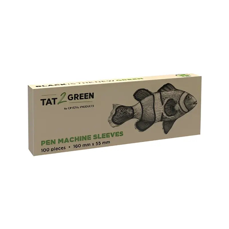 Tat2green black pen machine sleeves featuring illustrated clownfish design in a cardboard box of 100 pieces 160x60mm