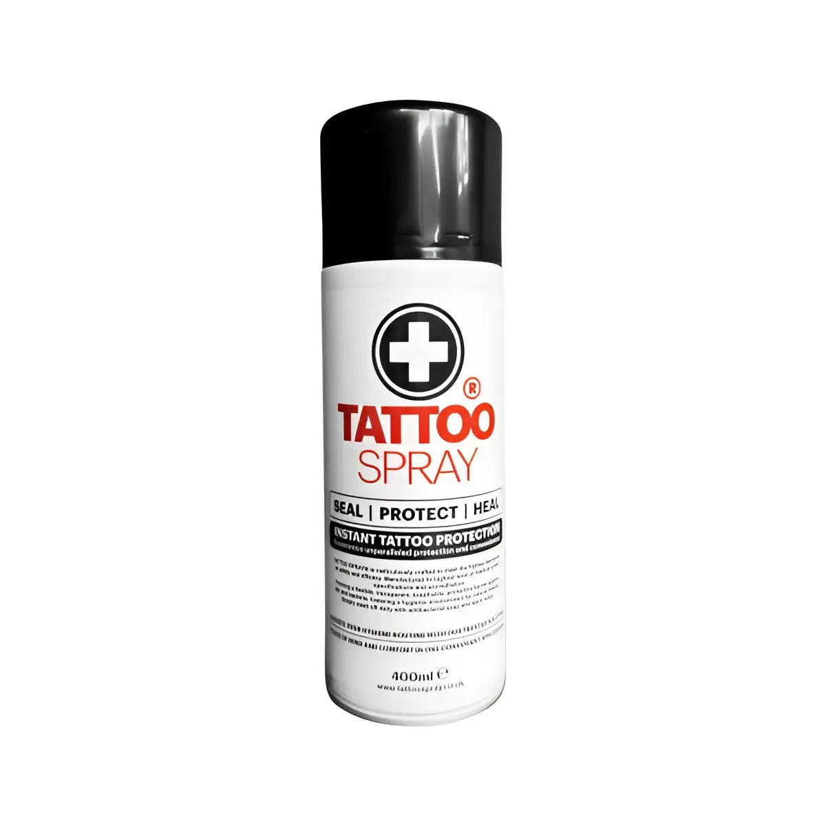 Schwarz-weiße Aerosoldose mit tattoo spray in roter Schrift für sofortigen Tattooschutz, beschriftet mit TATTOO SPRAY