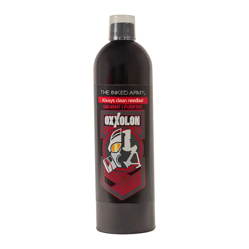 alt
Schwarze Kunststoffflasche mit silbernem Verschluss und rot-schwarzem Etikett THE INKED ARMY Oxolon-Nadelreiniger für Tätowierausrüstung