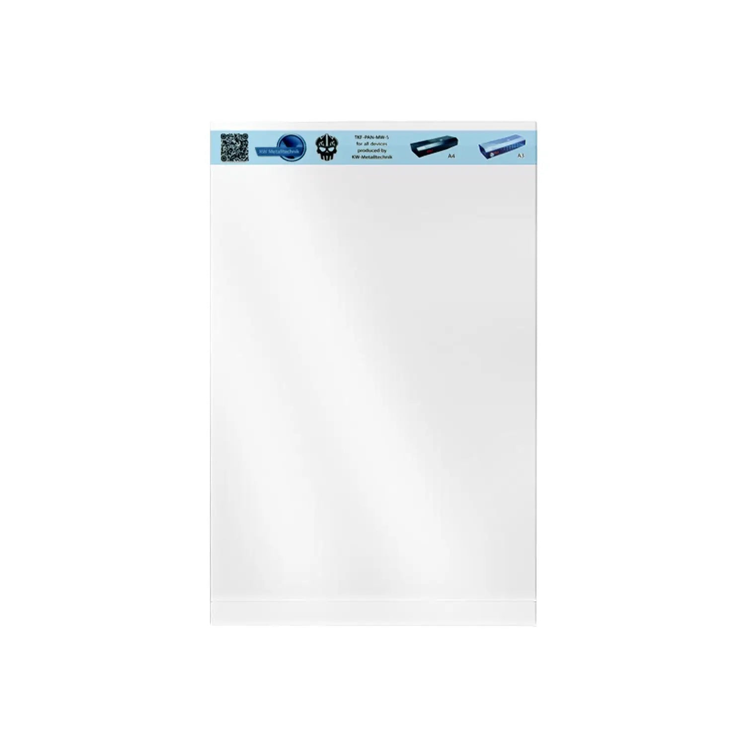 Clear plastic thermal carrier sheet with light blue header strip milky white 230x350mm standard A4 size