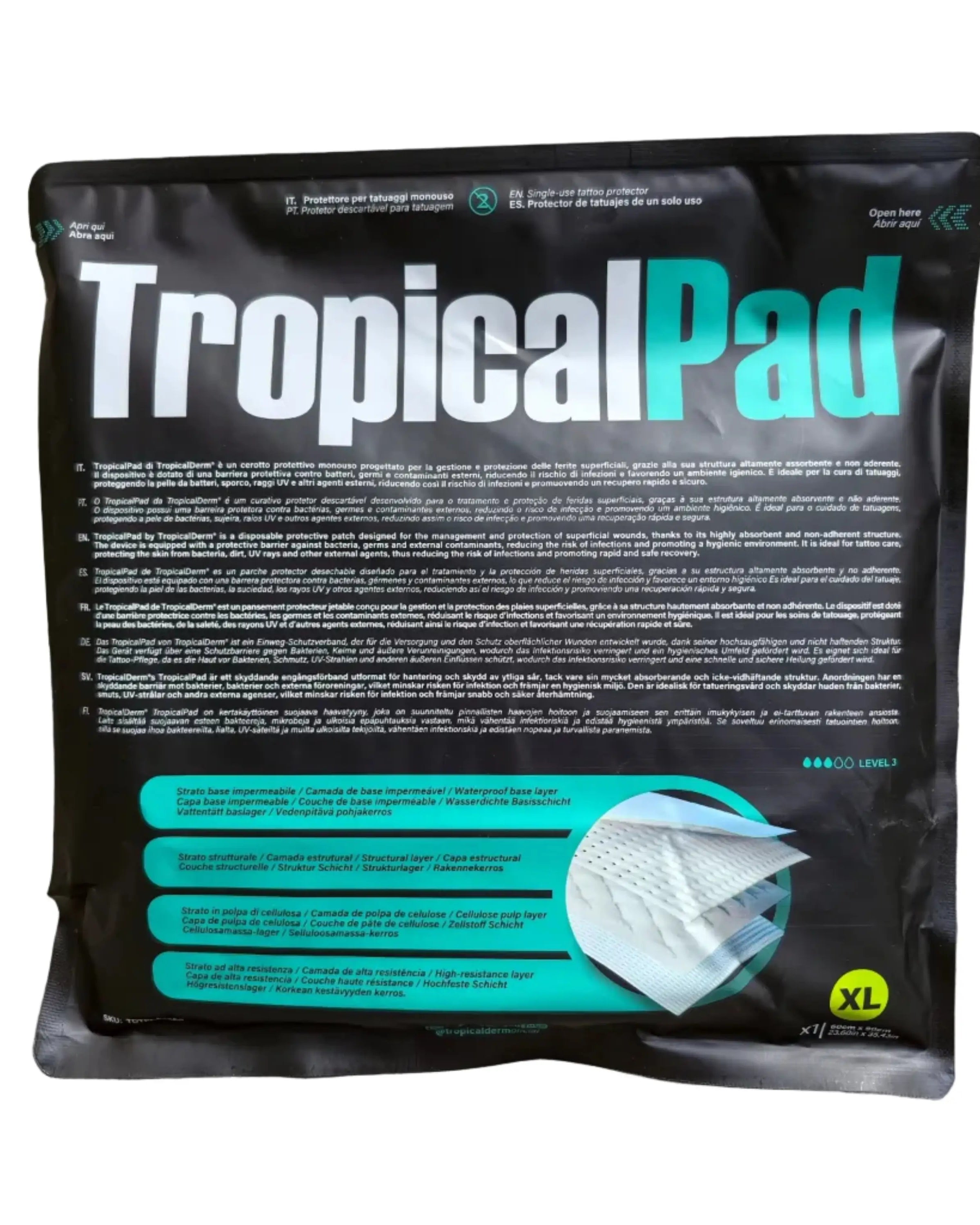 Black plastic bag containing tropicalderm tropicalpad xl single-use absorbent pad for hygiene protection
