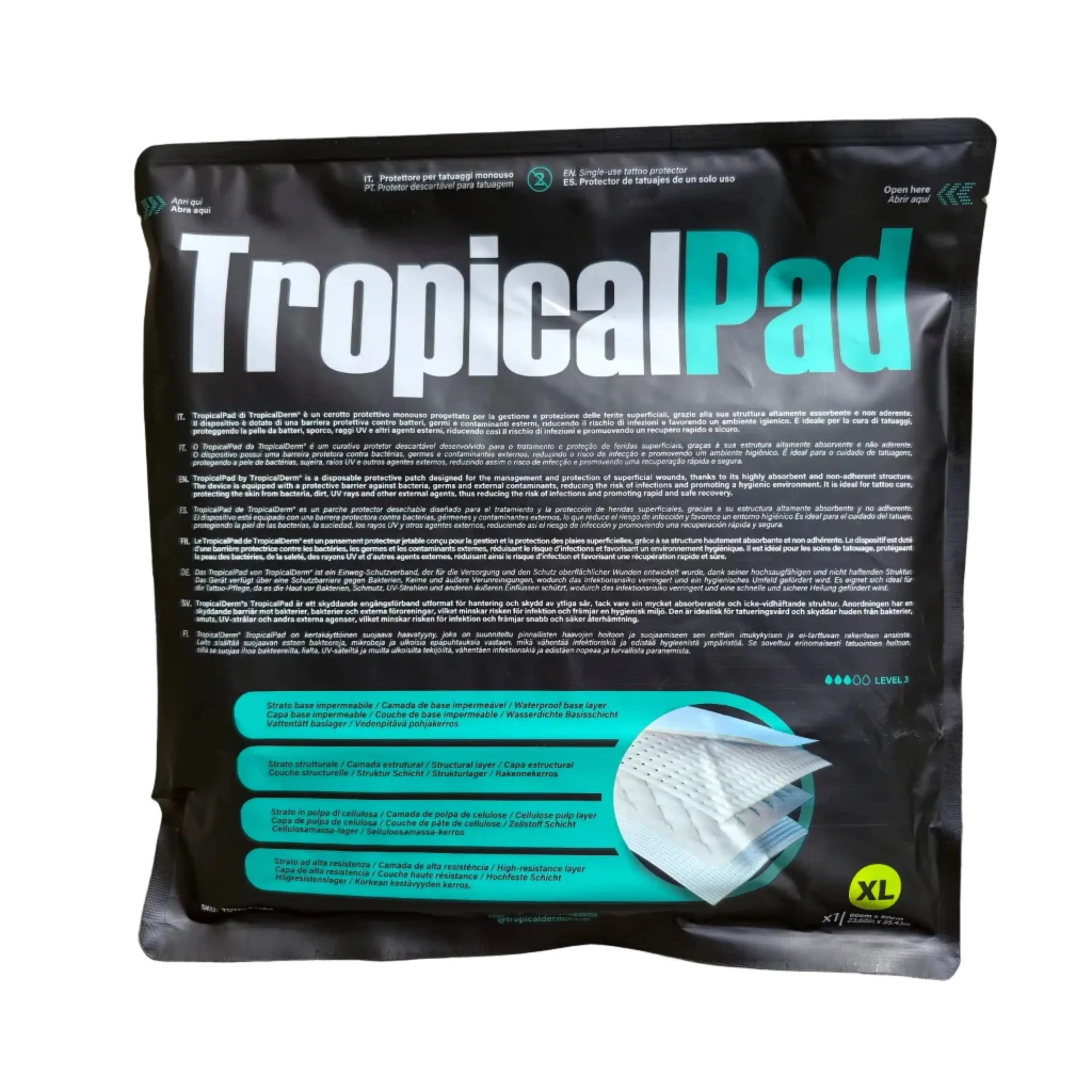 Black plastic bag containing tropicalderm tropicalpad xl single-use absorbent pad for hygiene protection