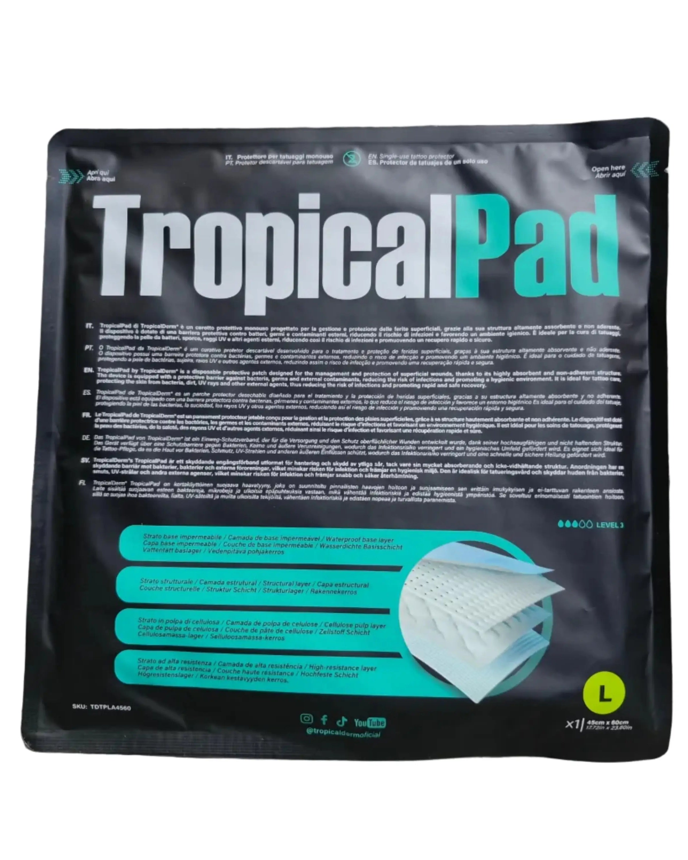 Black and teal tropicalpad brand absorbent pad packaging showing white layered tropicalderm tropicalpad product inside