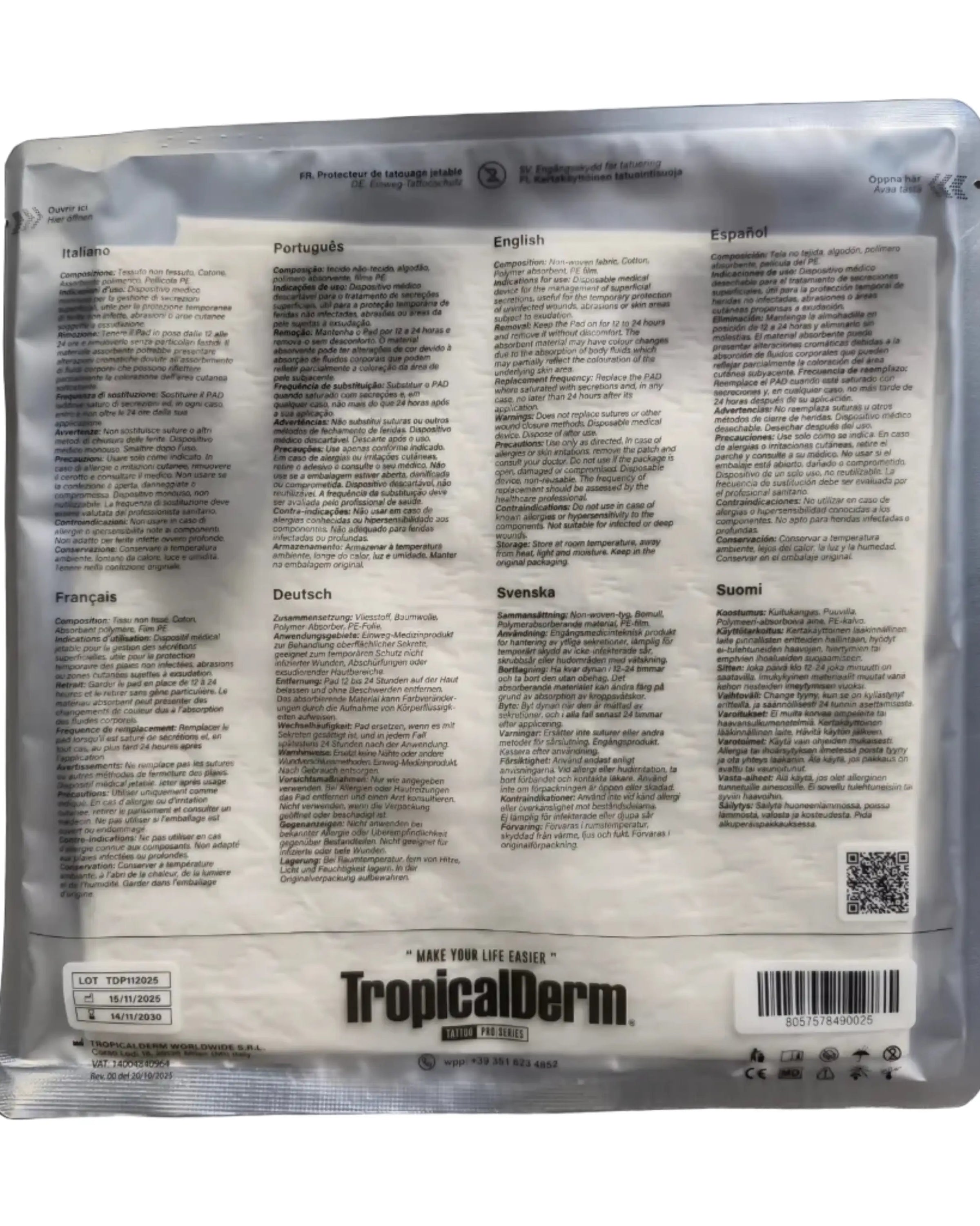 Back of tropicalderm hygiene tropical pad package with absorbent pad instructions and barcode for skin care use