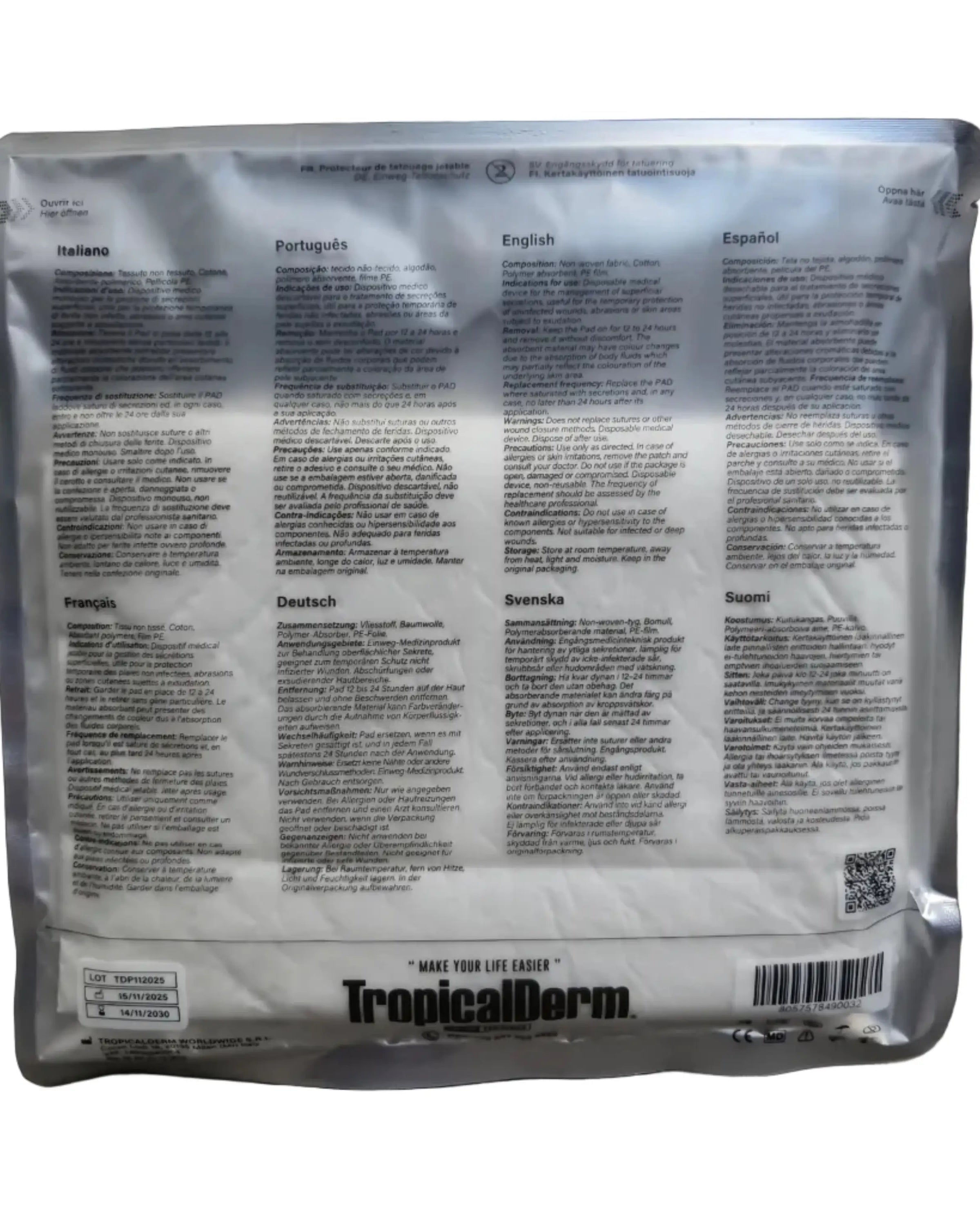 Tropicalderm tropical pad absorbent pad in silver foil pouch showing multilingual instructions on the back side
