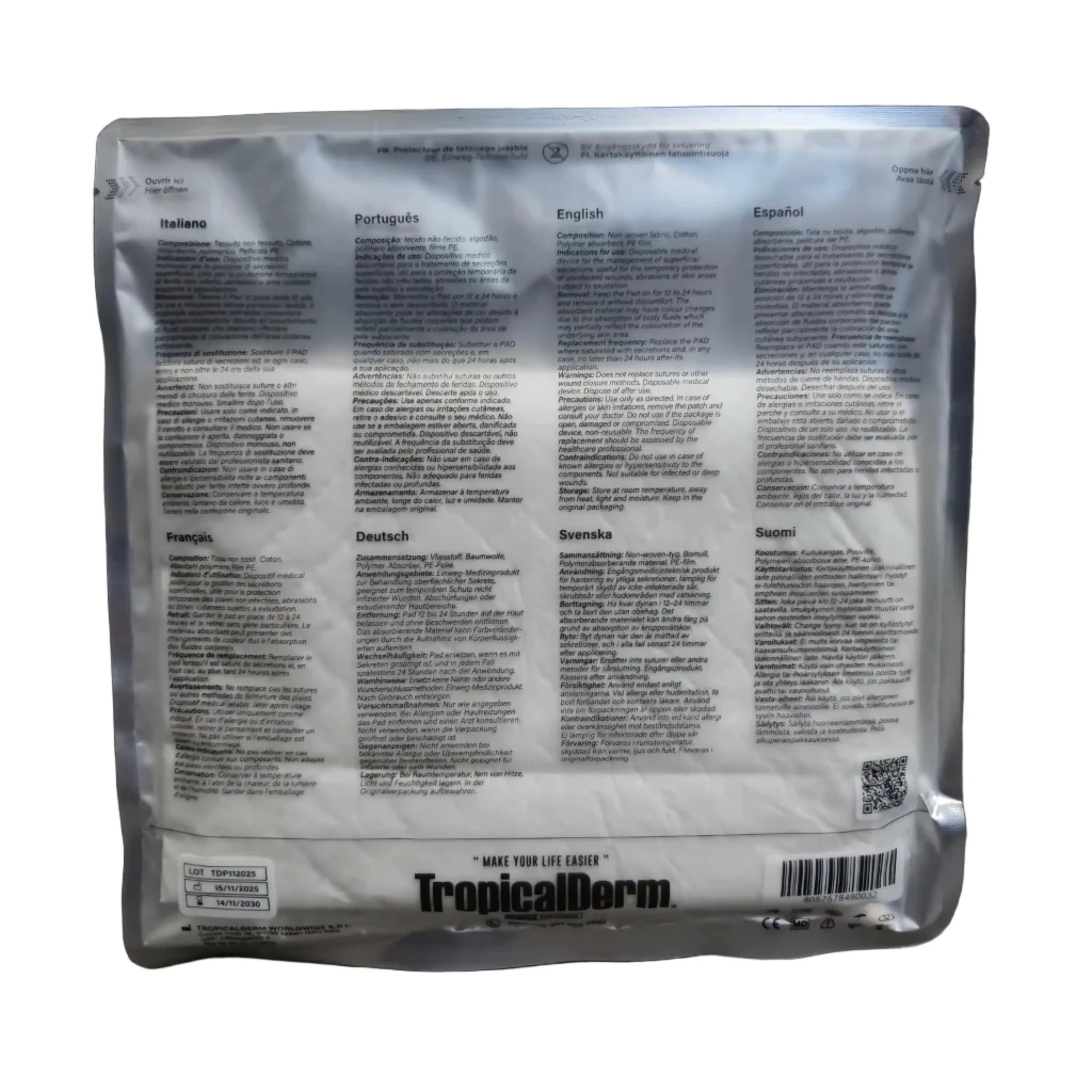 Tropicalderm tropical pad absorbent pad in silver foil pouch showing multilingual instructions on the back side