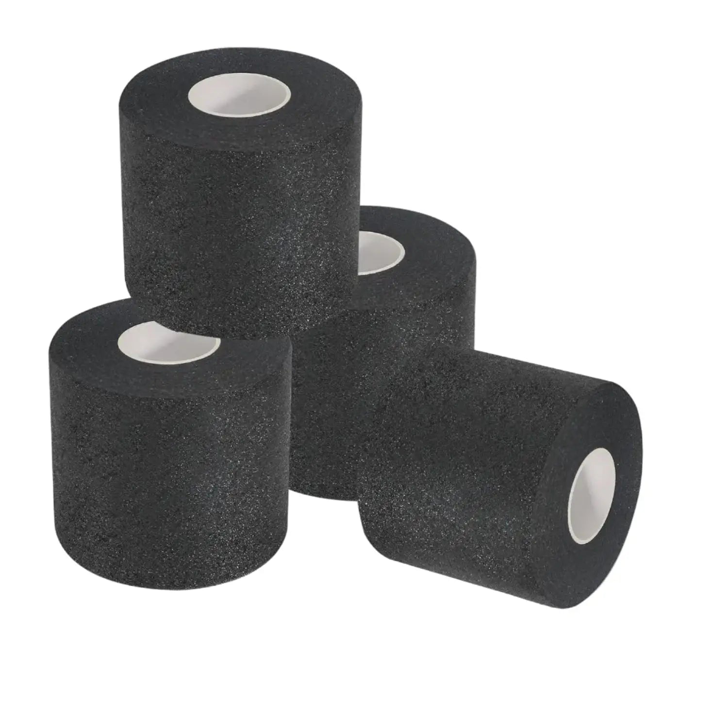 Four rolls of black athletic tape with a hand wearing a bandage on a white background