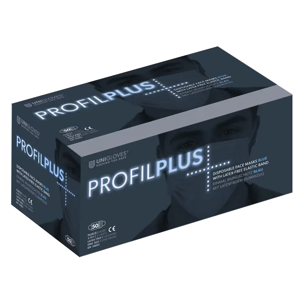 Dark blue rectangular box of unigloves profilplus black disposable face masks with white and gray text and mask image