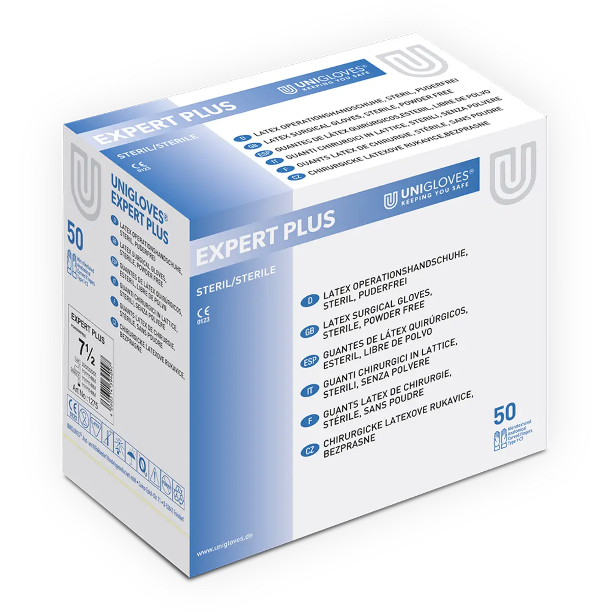 White and blue cardboard box of unigloves expert plus sterile powder-free latex surgical gloves