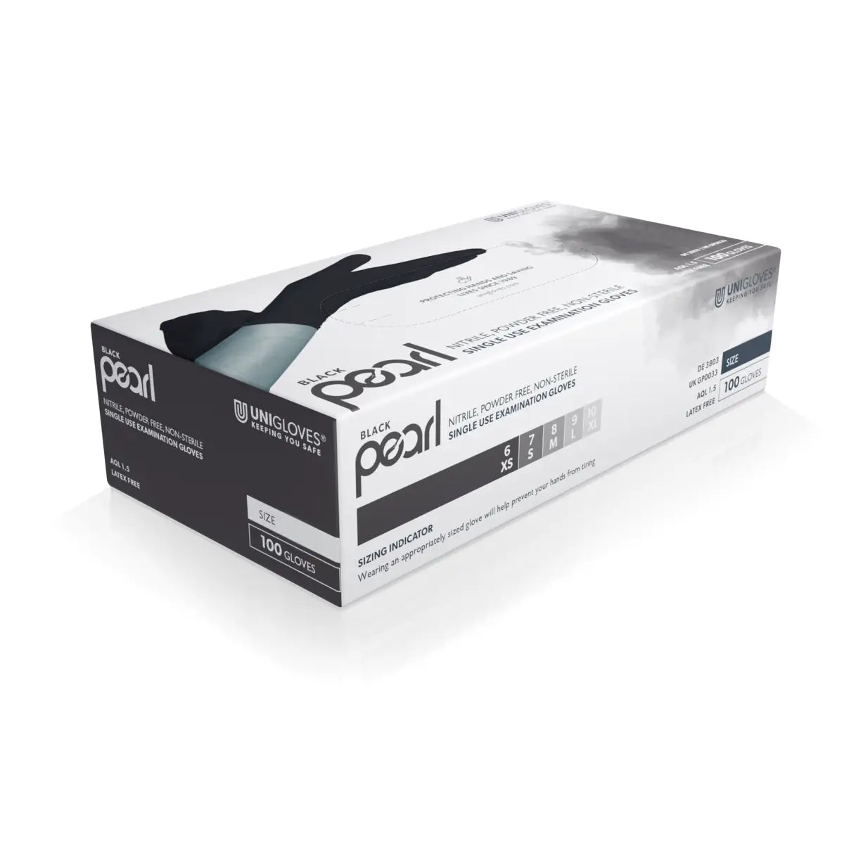 Black pearl brand nitrile powder-free black examination gloves in a box of 100 by Unigloves Pearl Gloves