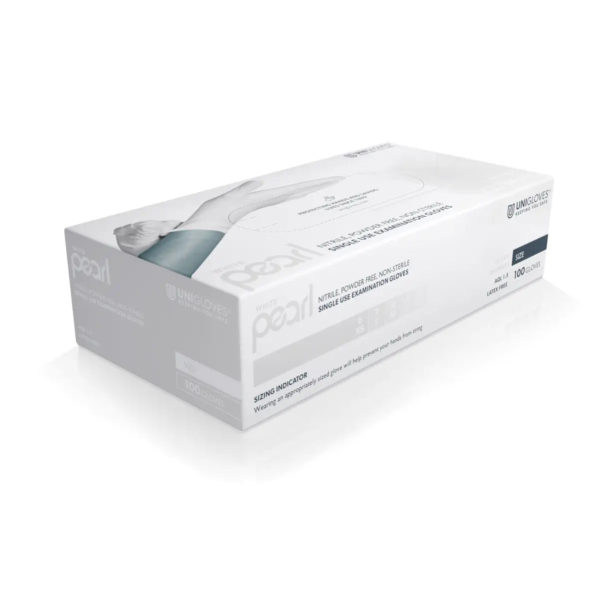 White cardboard box of unigloves pearl brand nitrile powder-free non-sterile single-use examination gloves