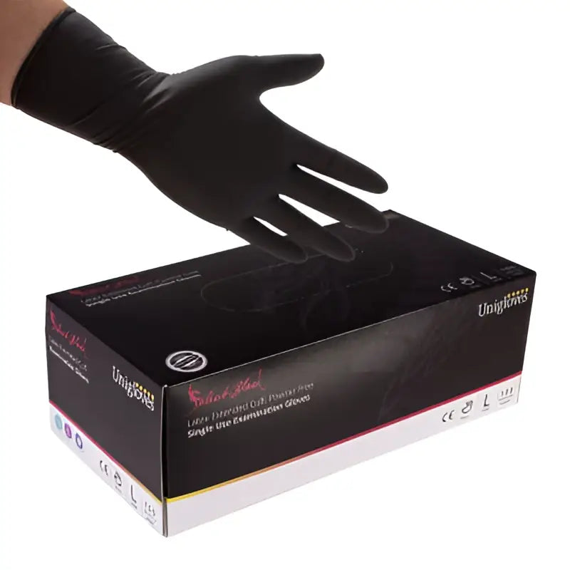 Black latex examination glove with smooth glossy finish and long cuff from unigloves select black series showing back side