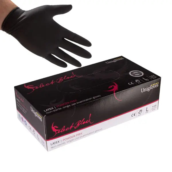 Black powder free latex examination gloves from UNIGLOVES displayed with branded packaging for medical use