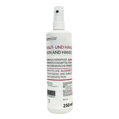 A white spray bottle with a clear nozzle labeled skin and hand disinfectant by unigloves for effective disinfection