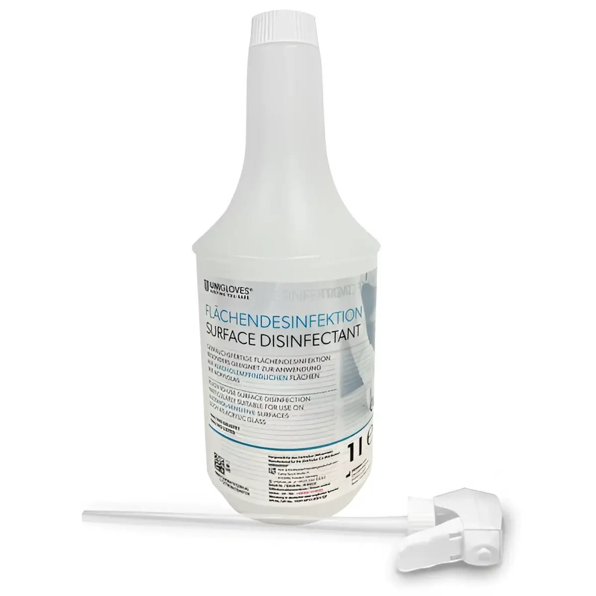 Weiße Kunststoff-Sprühflasche mit der Aufschrift UNIGLOVES Oberflächendesinfektionsmittel alkoholfrei, mit abgenommenem weißen Sprühkopf