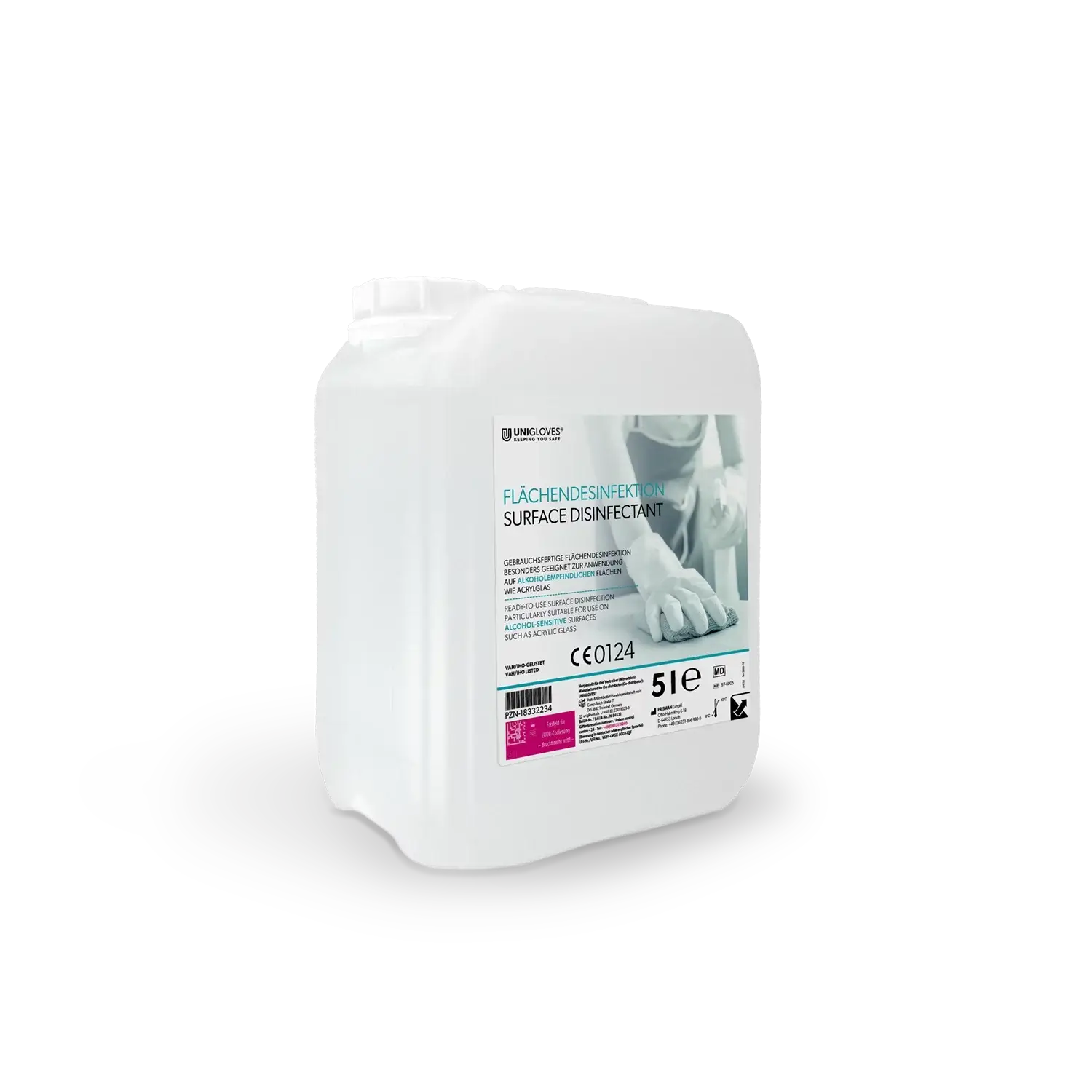 White plastic jug of ungloves alcohol-free surface disinfectant labeled with multilingual text and ce mark