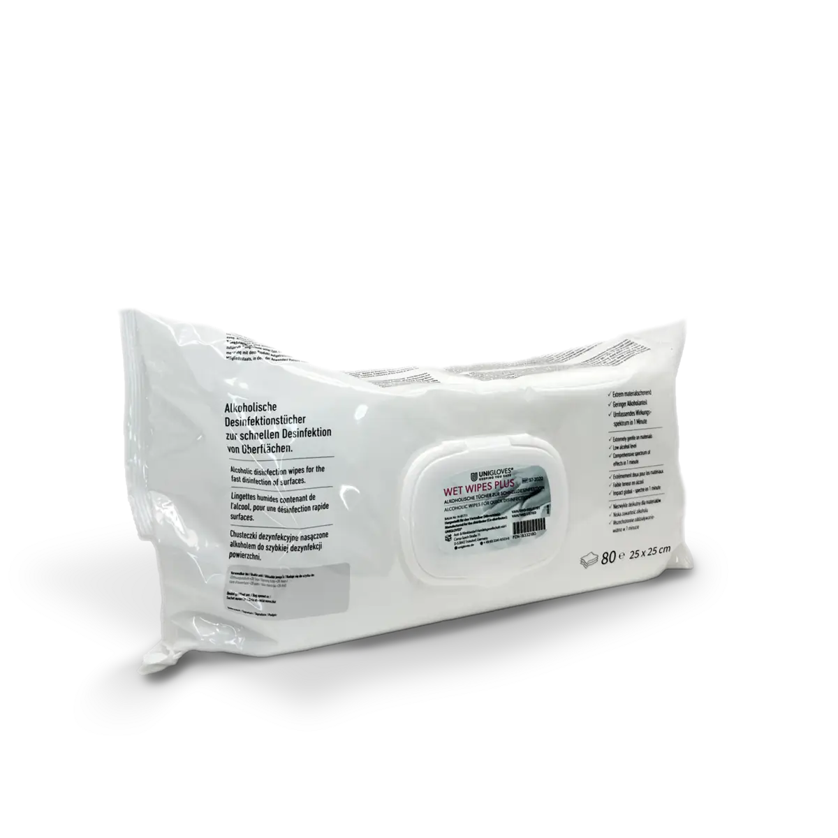 White plastic package of unigloves wet wipes plus alcohol disinfecting wipes with circular dispenser window and multilingual text