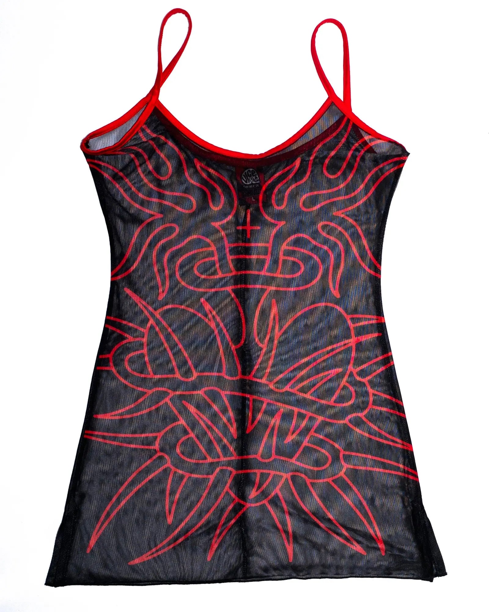 Black sheer mesh tank top with bold red embroidered tribal and flame patterns and thin red straps by vice attitude