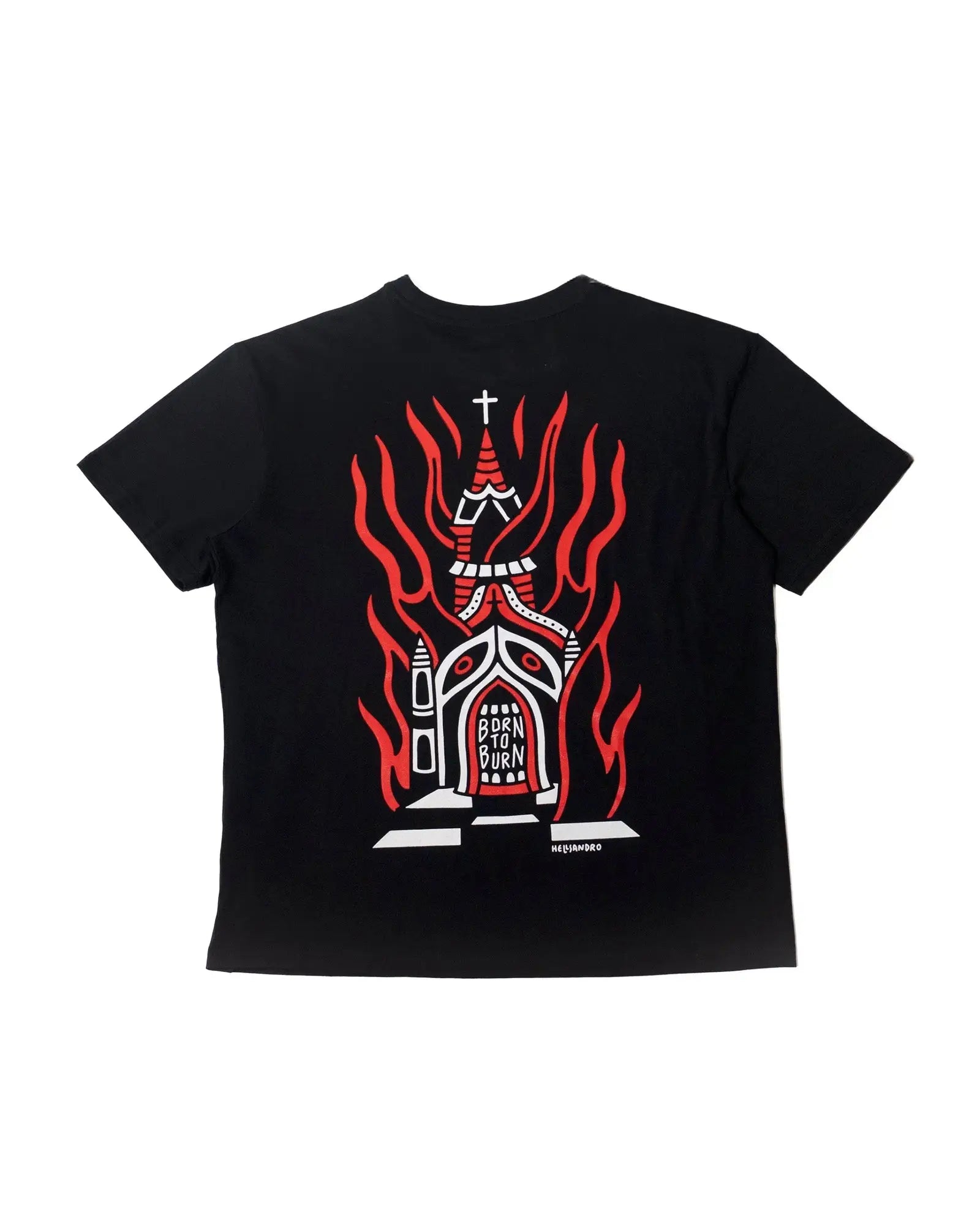 Black short-sleeved t-shirt vice attitude featuring a bold red and white burning church graphic with born to burn text