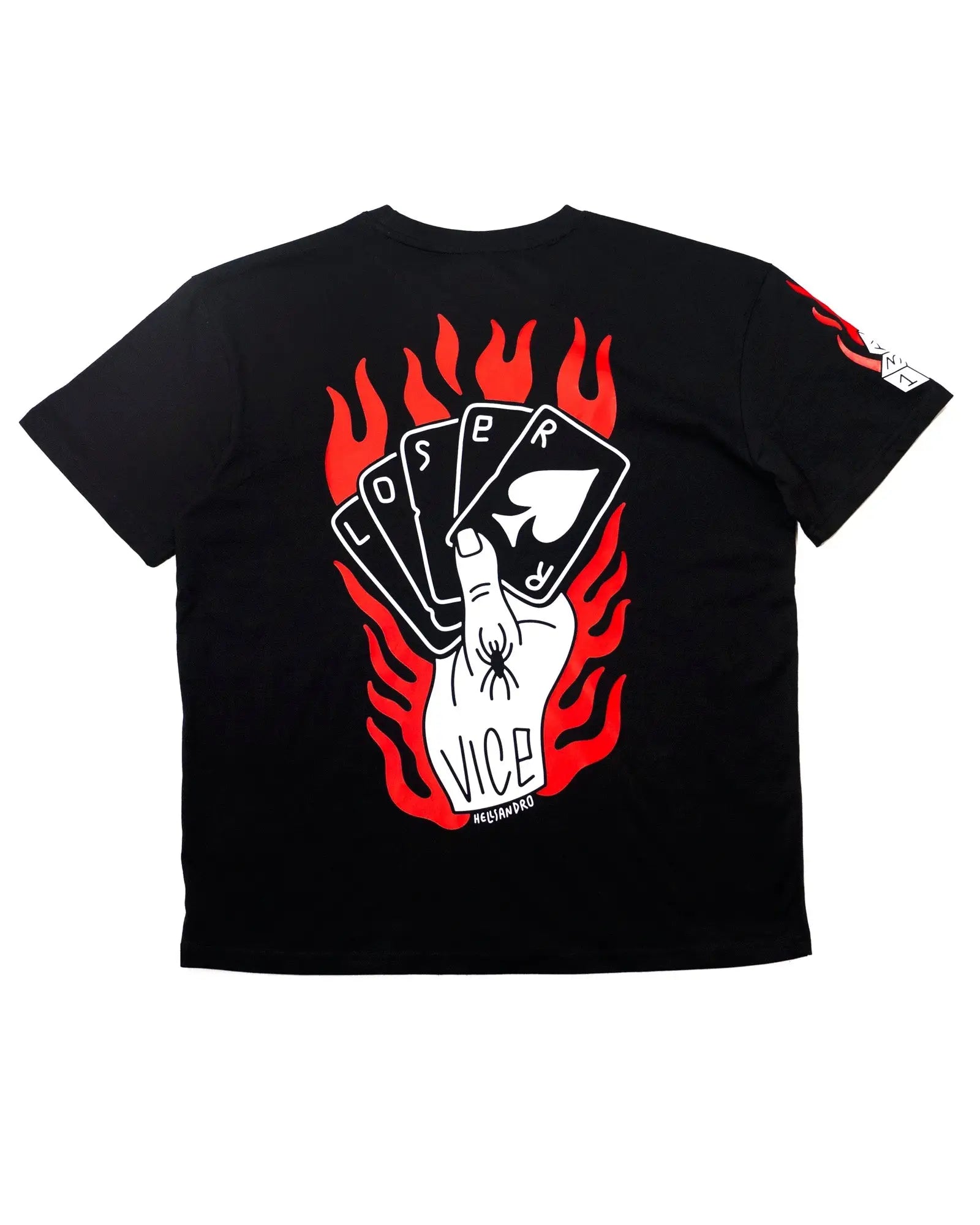 Black short-sleeved cotton shirt featuring a bold hand holding cards in red flames with vice printed below from vice attitude