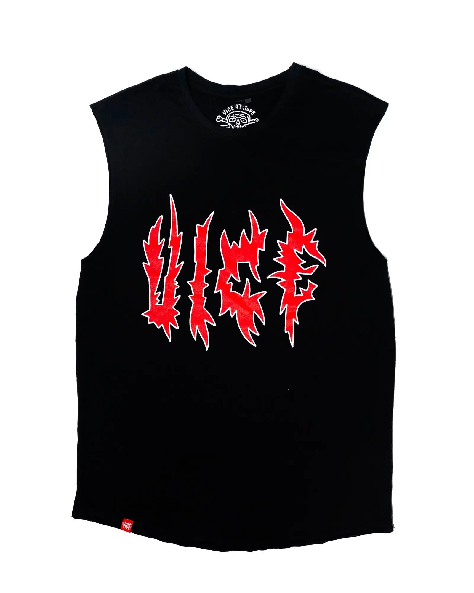 Black sleeveless tank top with bold red jagged lettering outlined in white from vice attitude shirt sleeveless collection