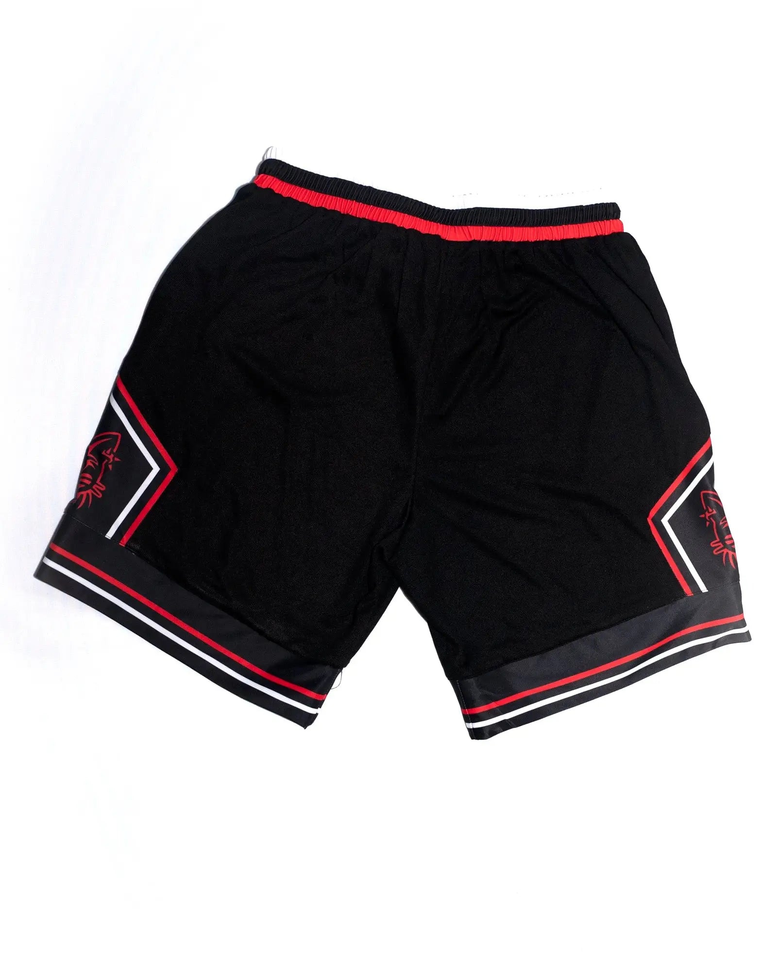 Black vice attitude jordan shorts with red and white trim and stylized logos on each side for athletic use