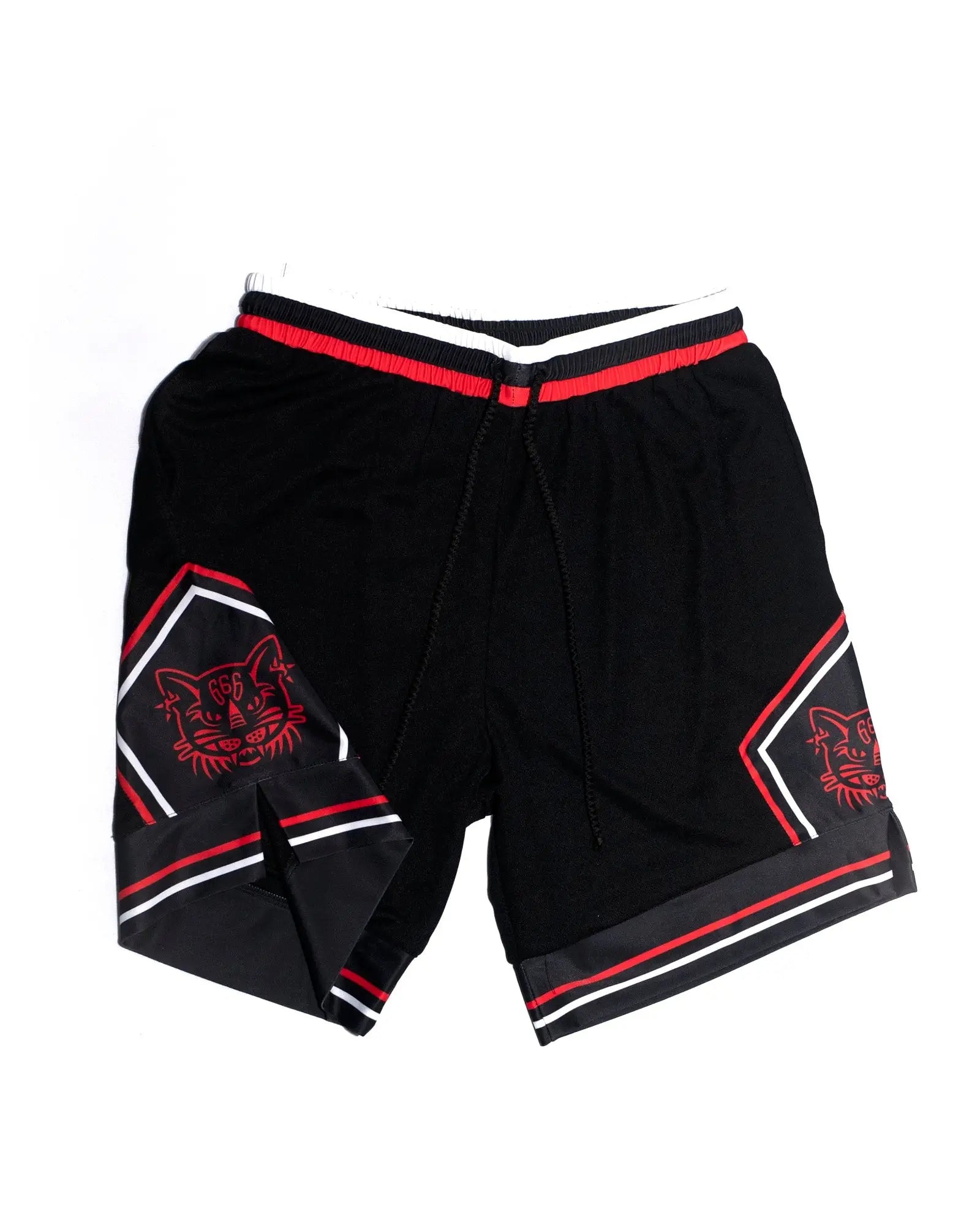 Black vice attitude jordan athletic shorts with red and white trim and embroidered cat logos on the sides