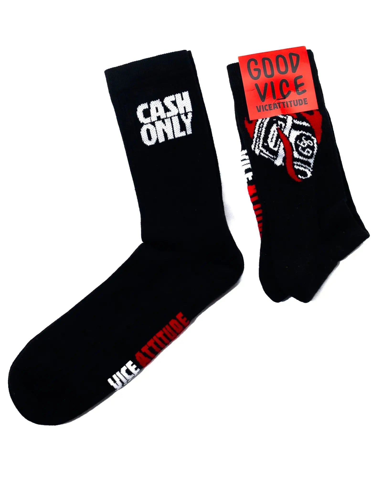 Black vice attitude crew socks with cash only text cuff dice graphic and vice attitude sole design