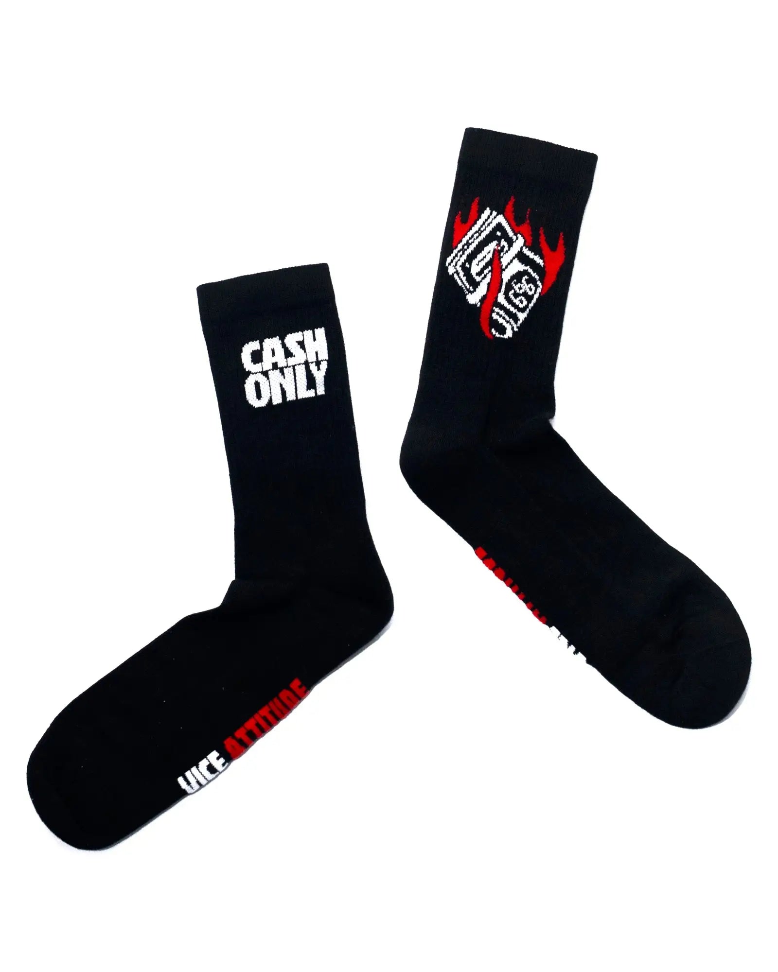Black socks vice attitude with white and red cash only text and flaming cash bill graphic design