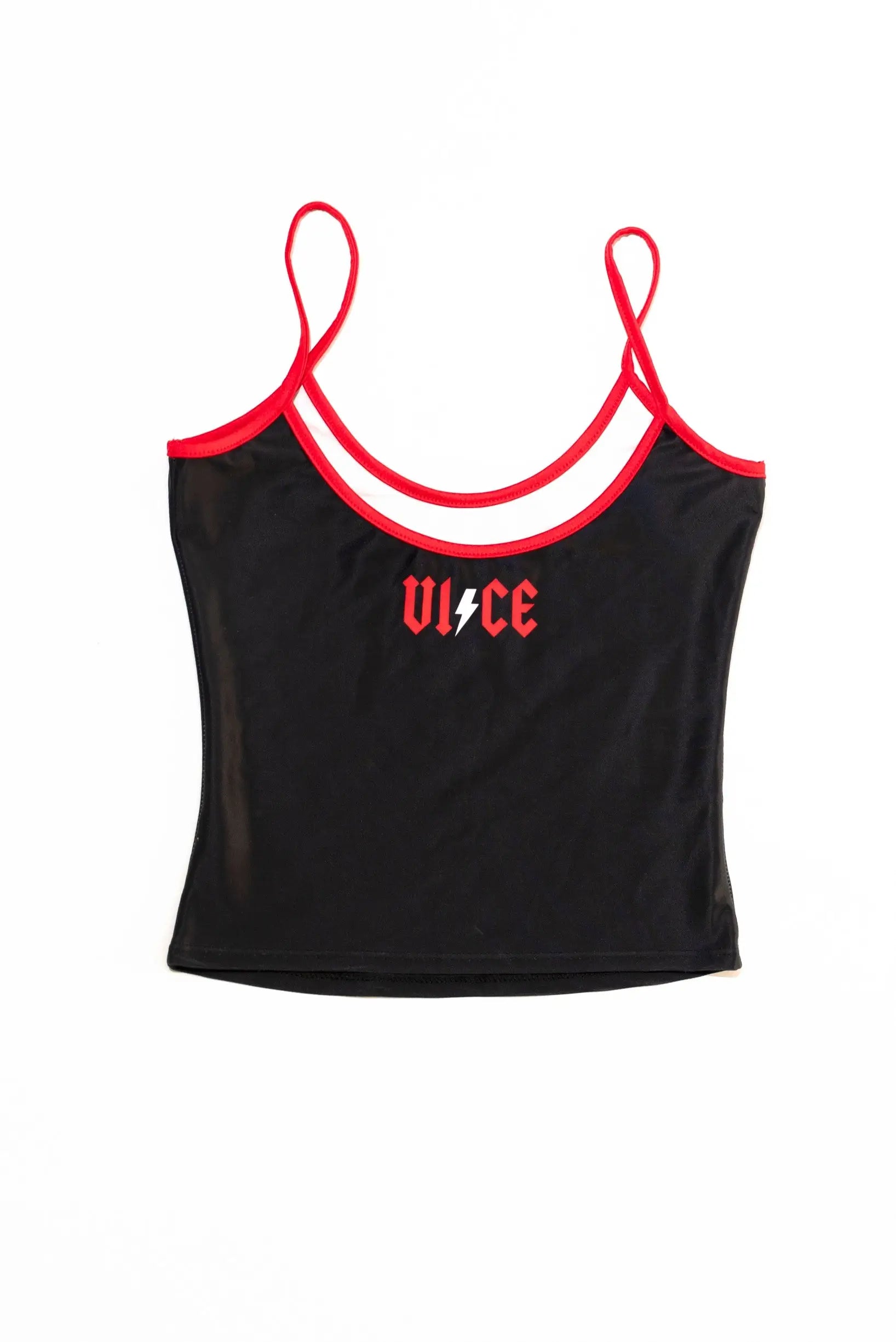 Black cropped tank top with red and white trim and vice embroidered in red with lightning bolt design by AC/DC