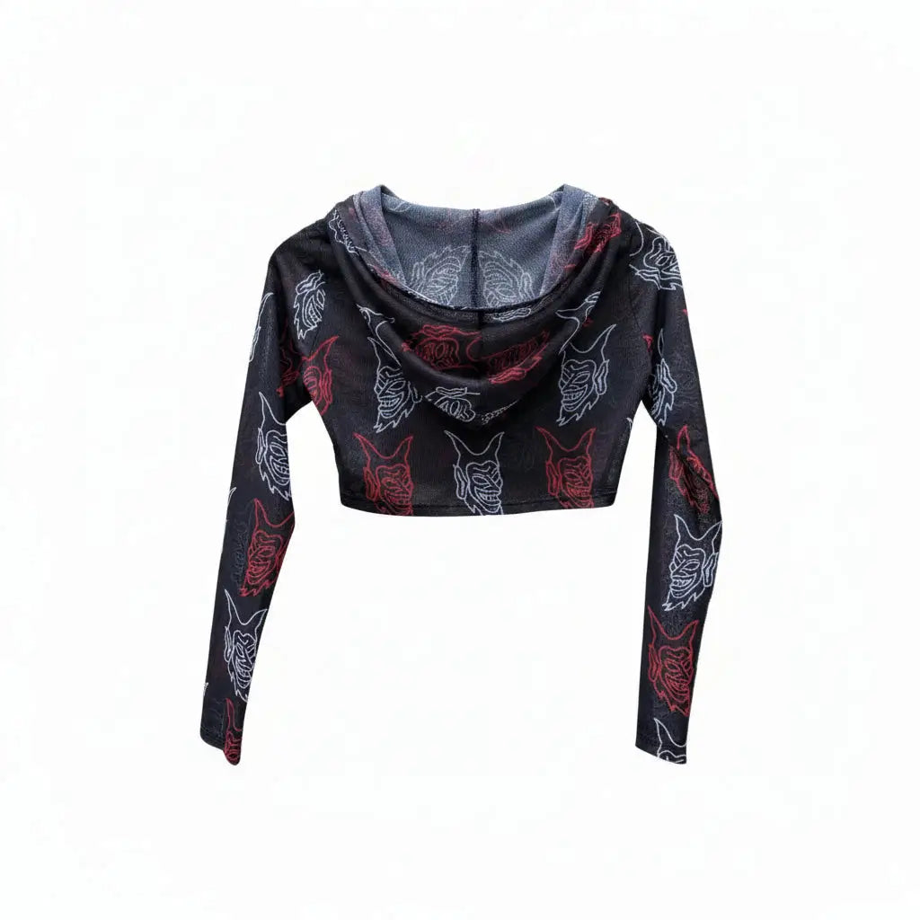 Black long-sleeved crop hoodie with transparent devil face pattern in red and white from vice attitude collection